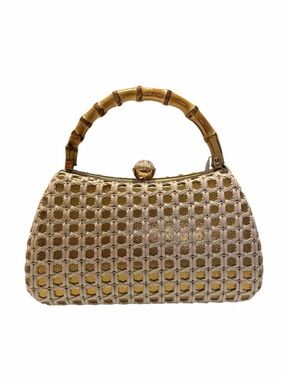 Tommy Bahama Woven Bamboo Handle Handbag Gold White Kiss Lock Frame Chain Strap